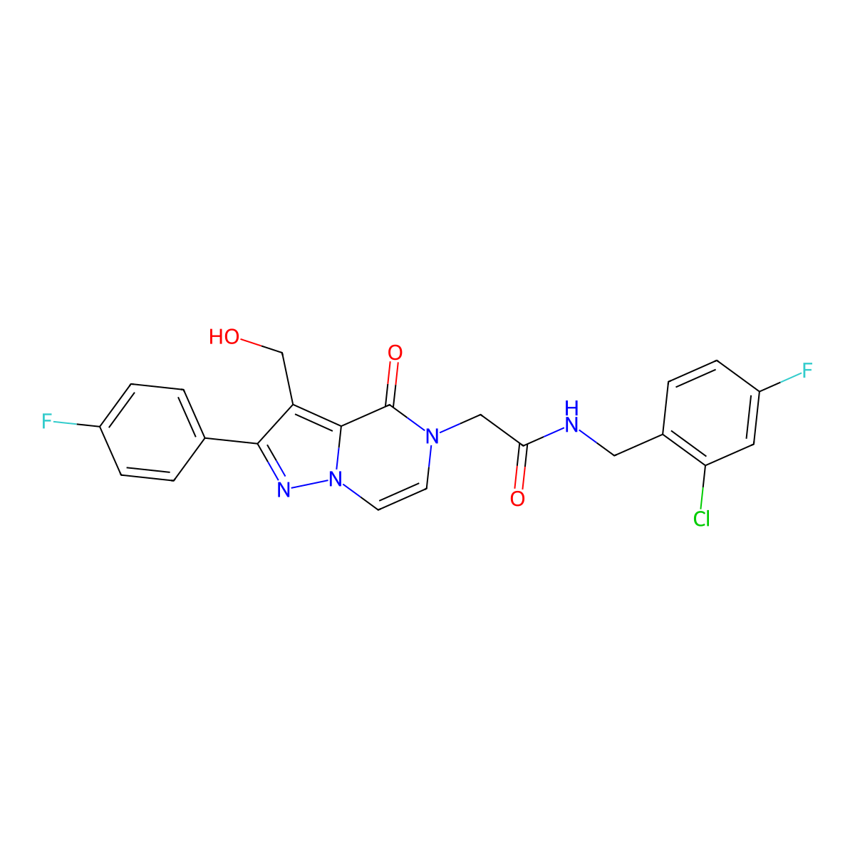 N-[(2-Chloro-4-fluorophenyl)methyl]-2-[2-(4-fluorophenyl)-3-(hydroxymethyl)-4-oxo-4H,5H-pyrazolo[1,5-A]pyrazin-5-YL]acetamide molecular structure, CAS 1775485-29-4