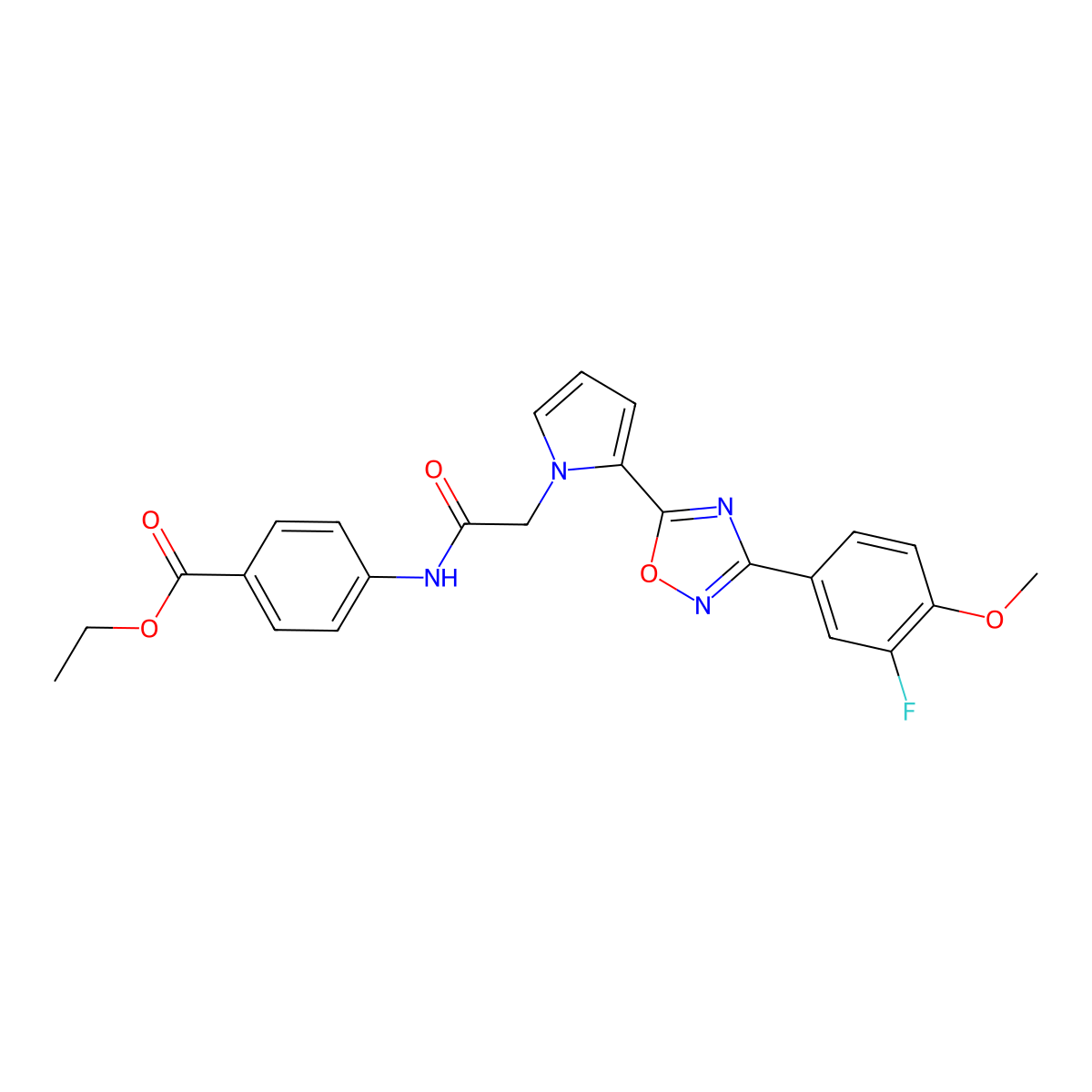 Ethyl 4-(2-{2-[3-(3-fluoro-4-methoxyphenyl)-1,2,4-oxadiazol-5-YL]-1H-pyrrol-1-YL}acetamido)benzoate molecular structure, CAS 1775485-89-6