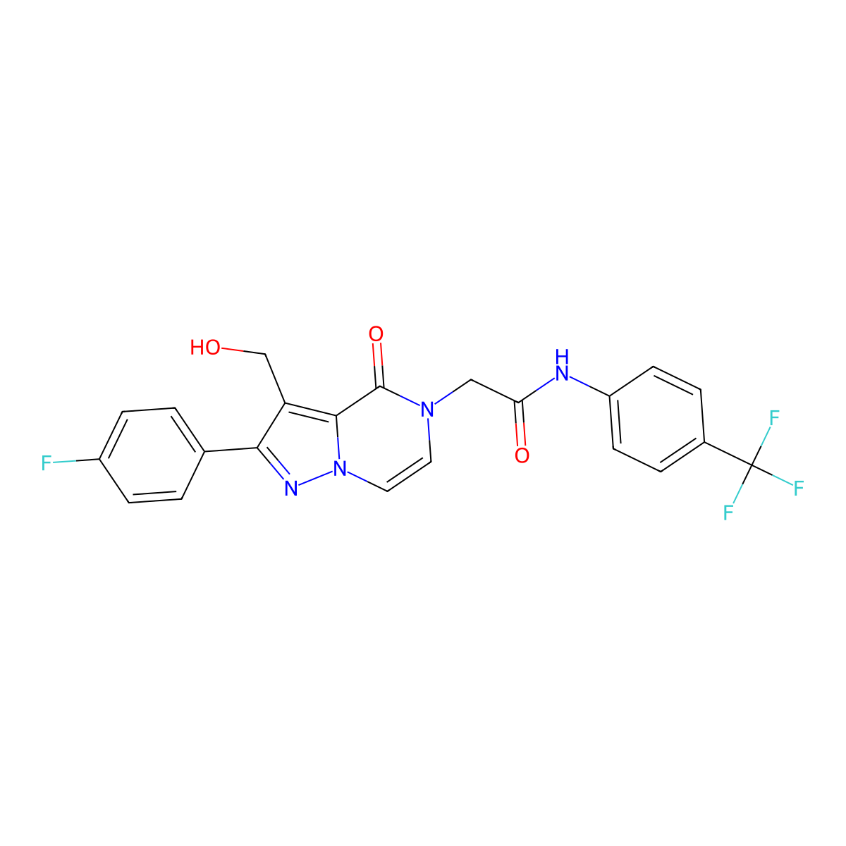 2-[2-(4-Fluorophenyl)-3-(hydroxymethyl)-4-oxo-4H,5H-pyrazolo[1,5-A]pyrazin-5-YL]-N-[4-(trifluoromethyl)phenyl]acetamide molecular structure, CAS 1775490-72-6