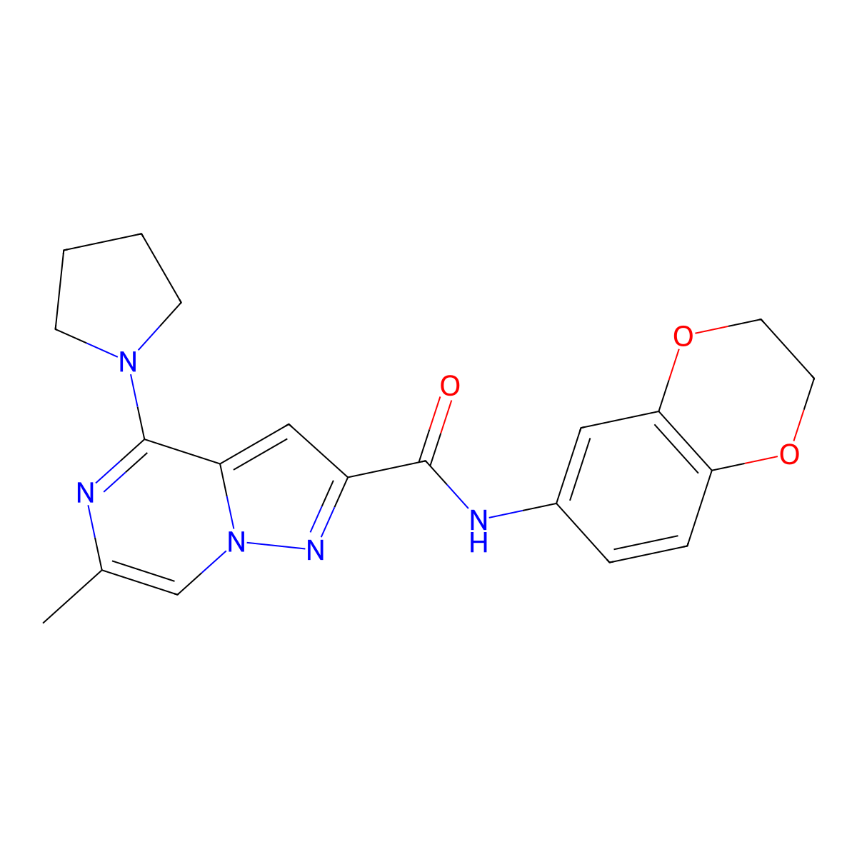 N-(2,3-dihydro-1,4-benzodioxin-6-yl)-6-methyl-4-(pyrrolidin-1-yl)pyrazolo[1,5-a]pyrazine-2-carboxamide molecular structure, CAS 1775493-87-2