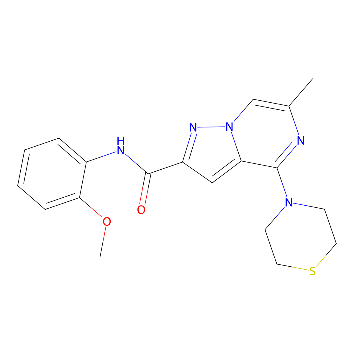 N-(2-methoxyphenyl)-6-methyl-4-(thiomorpholin-4-yl)pyrazolo[1,5-a]pyrazine-2-carboxamide molecular structure, CAS 1775494-67-1