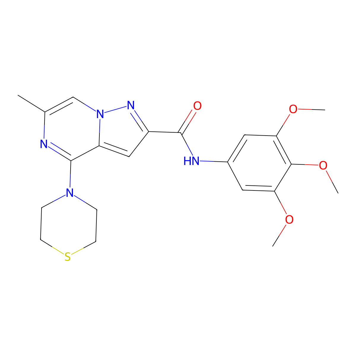 6-methyl-4-(thiomorpholin-4-yl)-N-(3,4,5-trimethoxyphenyl)pyrazolo[1,5-a]pyrazine-2-carboxamide molecular structure, CAS 1775494-77-3
