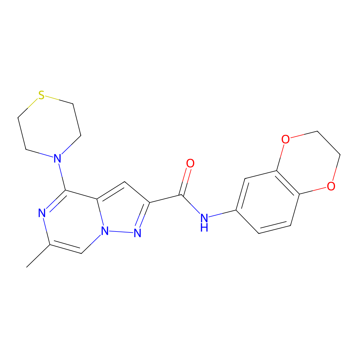 N-(2,3-dihydro-1,4-benzodioxin-6-yl)-6-methyl-4-(thiomorpholin-4-yl)pyrazolo[1,5-a]pyrazine-2-carboxamide molecular structure, CAS 1775495-21-0