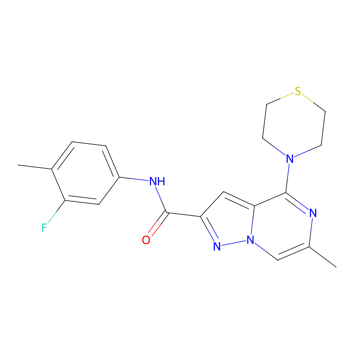 N-(3-fluoro-4-methylphenyl)-6-methyl-4-(thiomorpholin-4-yl)pyrazolo[1,5-a]pyrazine-2-carboxamide molecular structure, CAS 1775495-32-3