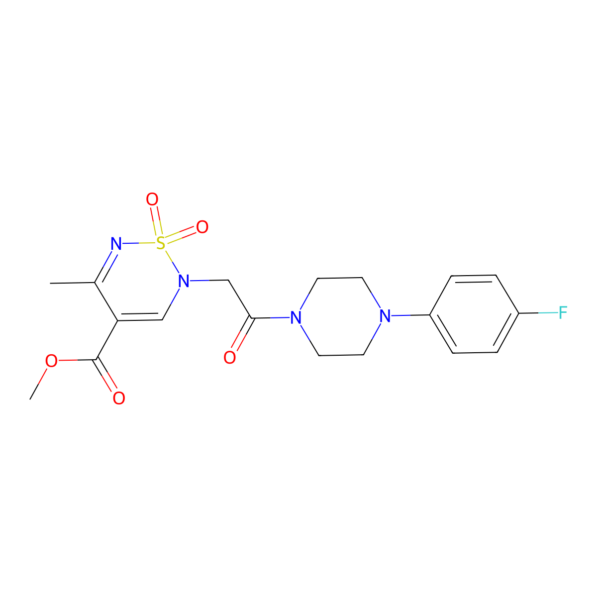 Methyl 2-[2-[4-(4-fluorophenyl)piperazin-1-yl]-2-oxoethyl]-5-methyl-1,1-dioxo-1,2,6-thiadiazine-4-carboxylate molecular structure, CAS 1775496-10-0