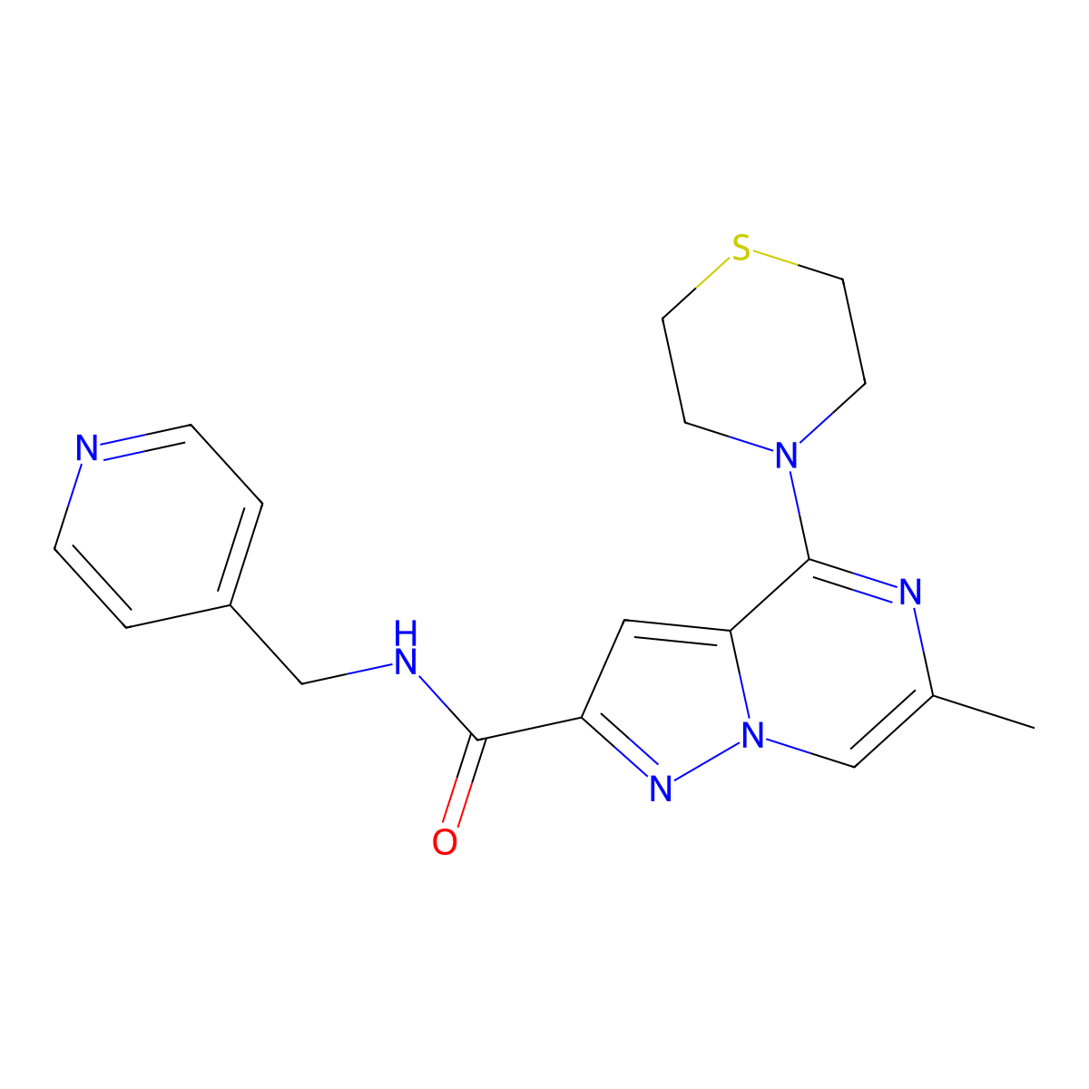6-methyl-N-[(pyridin-4-yl)methyl]-4-(thiomorpholin-4-yl)pyrazolo[1,5-a]pyrazine-2-carboxamide molecular structure, CAS 1775496-15-5