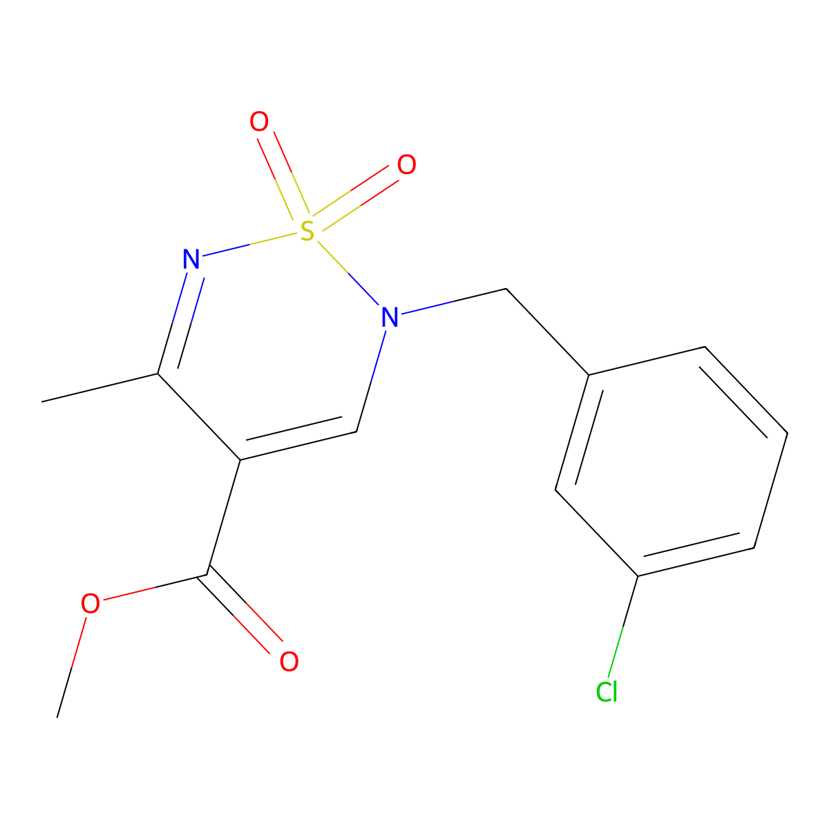 methyl 2-(3-chlorobenzyl)-5-methyl-2H-1,2,6-thiadiazine-4-carboxylate 1,1-dioxide molecular structure, CAS 1775496-39-3
