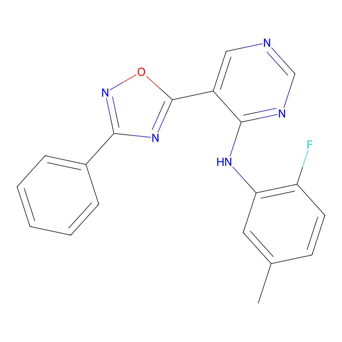 N-(2-fluoro-5-methylphenyl)-5-(3-phenyl-1,2,4-oxadiazol-5-yl)pyrimidin-4-amine molecular structure, CAS 1775499-85-8
