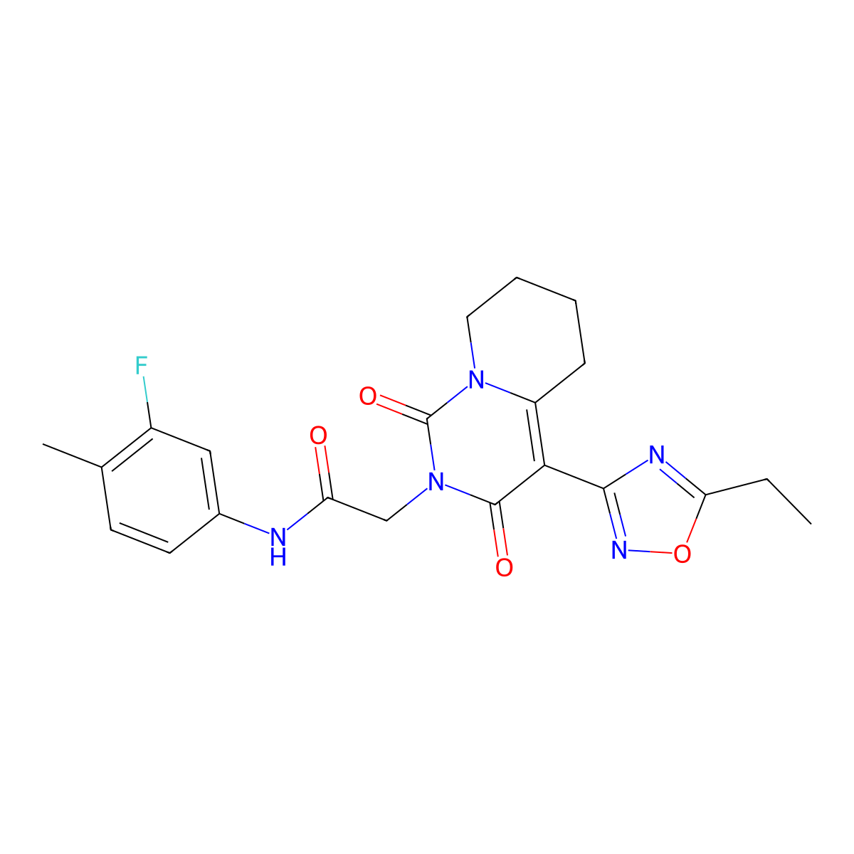 2-[4-(5-ethyl-1,2,4-oxadiazol-3-yl)-1,3-dioxo-5,6,7,8-tetrahydro-1H-pyrido[1,2-c]pyrimidin-2(3H)-yl]-N-(3-fluoro-4-methylphenyl)acetamide molecular structure, CAS 1775502-61-8