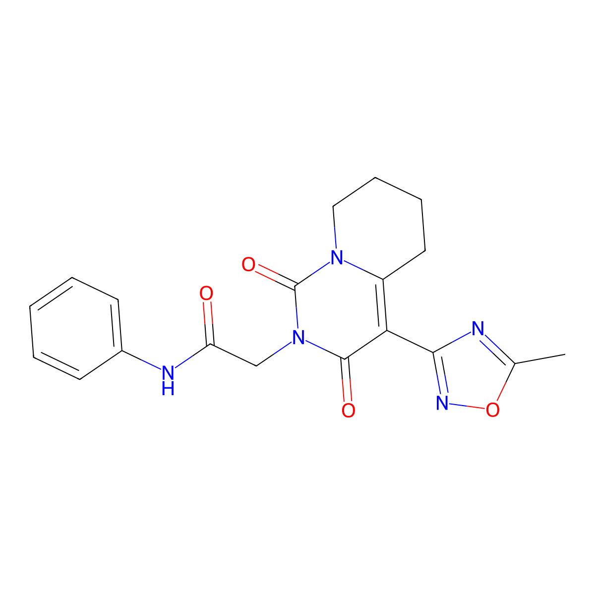 2-[4-(5-methyl-1,2,4-oxadiazol-3-yl)-1,3-dioxo-1H,2H,3H,5H,6H,7H,8H-pyrido[1,2-c]pyrimidin-2-yl]-N-phenylacetamide molecular structure, CAS 1775503-55-3