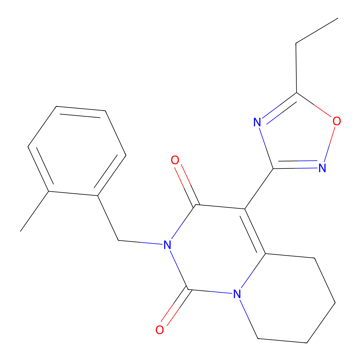 4-(5-ethyl-1,2,4-oxadiazol-3-yl)-2-[(2-methylphenyl)methyl]-1H,2H,3H,5H,6H,7H,8H-pyrido[1,2-c]pyrimidine-1,3-dione molecular structure, CAS 1775503-62-2