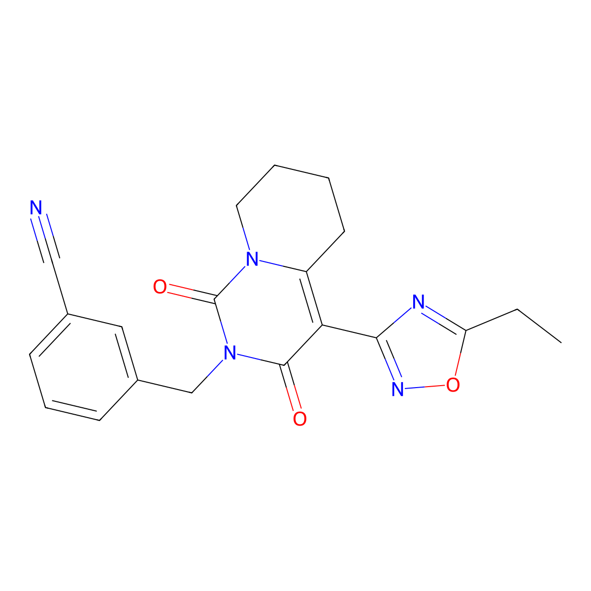 3-{[4-(5-ethyl-1,2,4-oxadiazol-3-yl)-1,3-dioxo-5,6,7,8-tetrahydro-1H-pyrido[1,2-c]pyrimidin-2(3H)-yl]methyl}benzonitrile molecular structure, CAS 1775507-77-1