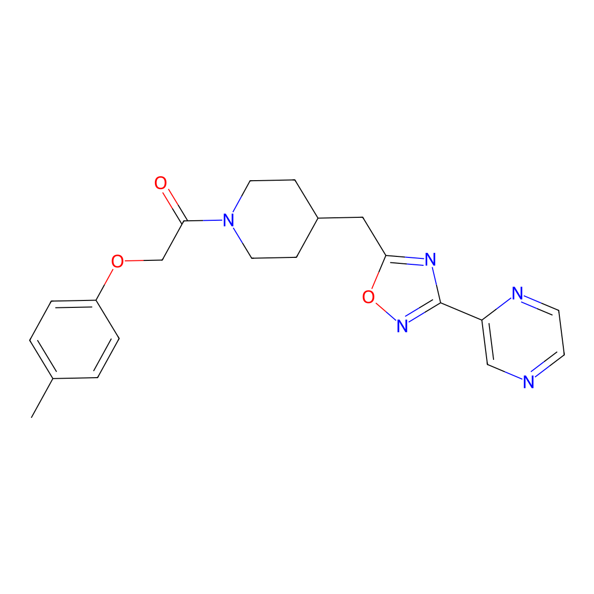 2-[5-({1-[(4-Methylphenoxy)acetyl]piperidin-4-yl}methyl)-1,2,4-oxadiazol-3-yl]pyrazine molecular structure, CAS 1775508-01-4