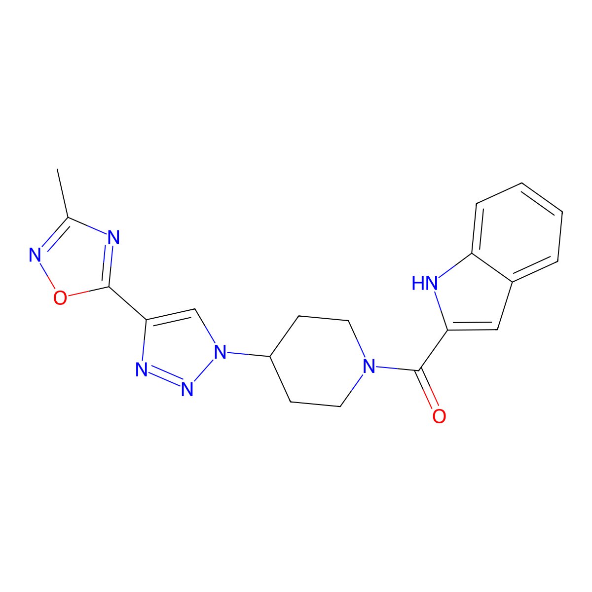 2-{4-[4-(3-Methyl-1,2,4-oxadiazol-5-YL)-1H-1,2,3-triazol-1-YL]piperidine-1-carbonyl}-1H-indole molecular structure, CAS 1775511-12-0