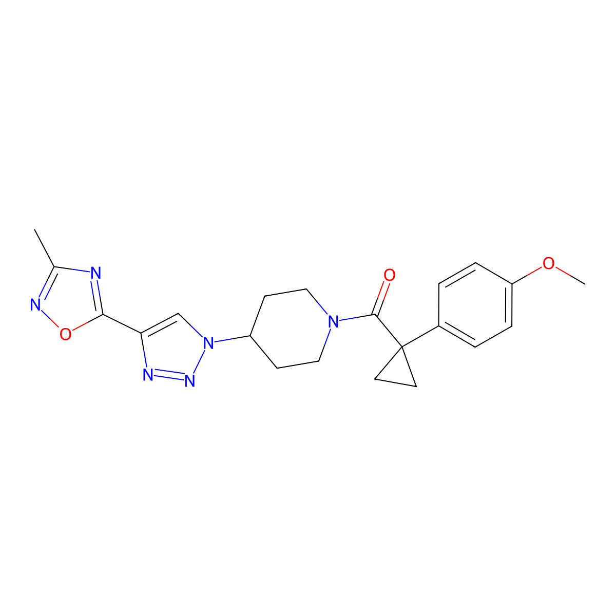 1-[1-(4-Methoxyphenyl)cyclopropanecarbonyl]-4-[4-(3-methyl-1,2,4-oxadiazol-5-YL)-1H-1,2,3-triazol-1-YL]piperidine molecular structure, CAS 1775511-58-4