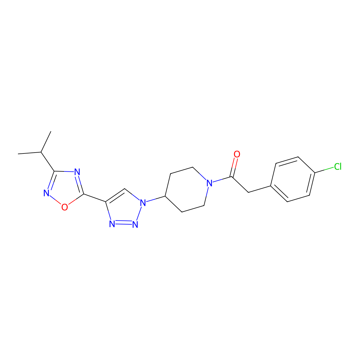 2-(4-Chlorophenyl)-1-(4-{4-[3-(propan-2-YL)-1,2,4-oxadiazol-5-YL]-1H-1,2,3-triazol-1-YL}piperidin-1-YL)ethan-1-one molecular structure, CAS 1775512-16-7