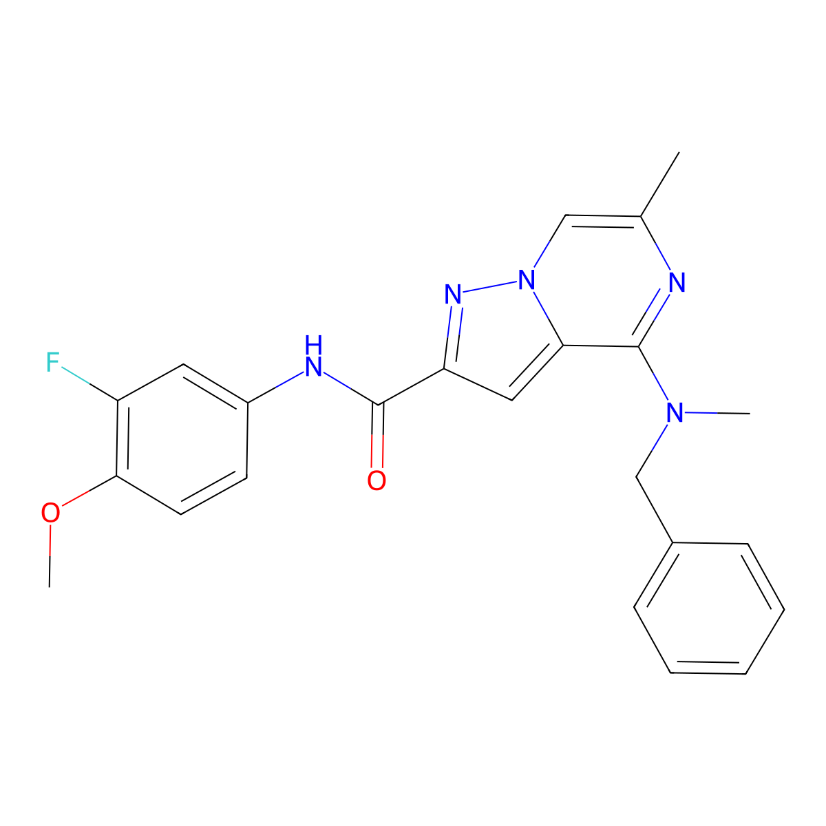 4-[benzyl(methyl)amino]-N-(3-fluoro-4-methoxyphenyl)-6-methylpyrazolo[1,5-a]pyrazine-2-carboxamide molecular structure, CAS 1775514-30-1