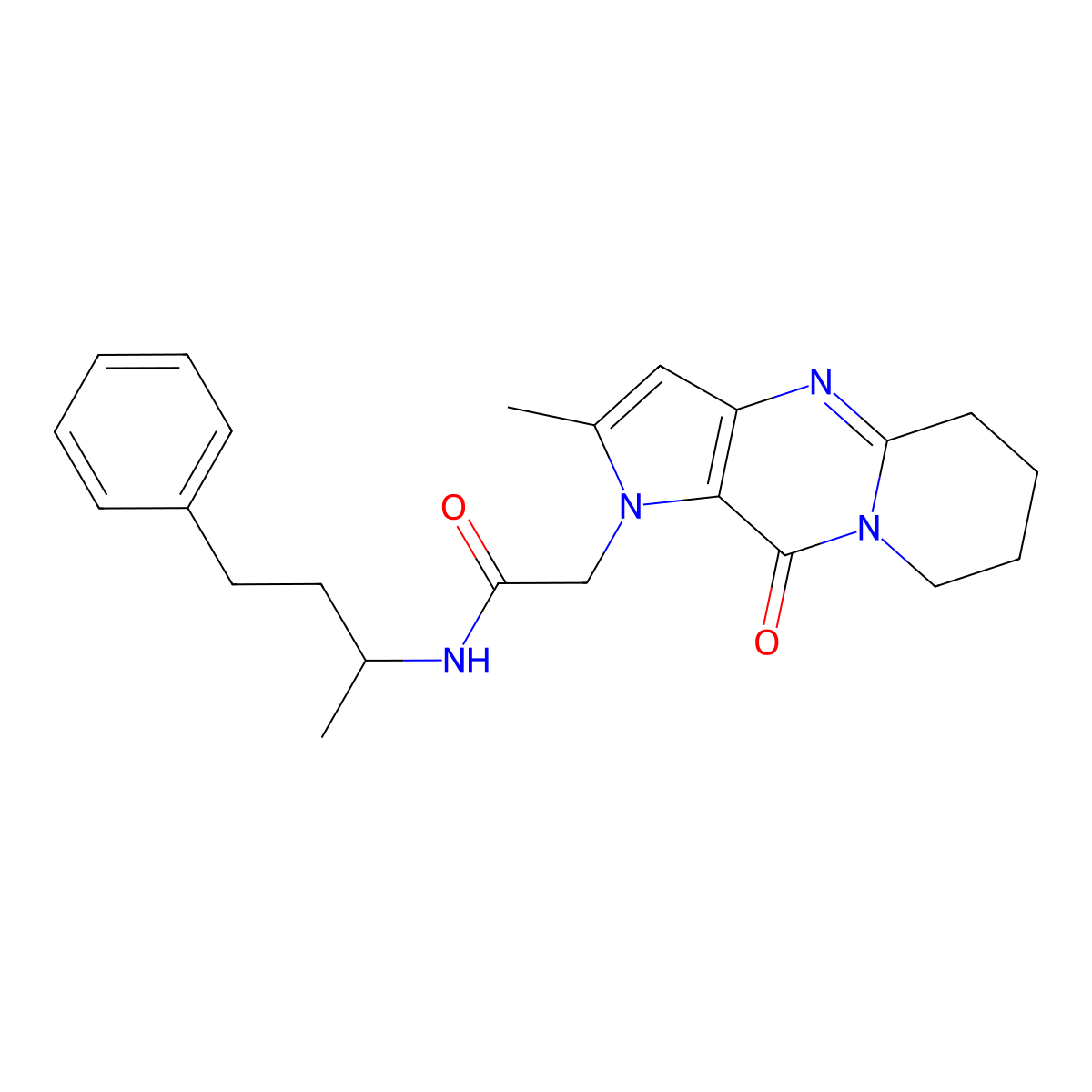 2-(5-methyl-2-oxo-1,4,8-triazatricyclo[7.4.0.03,7]trideca-3(7),5,8-trien-4-yl)-N-(4-phenylbutan-2-yl)acetamide molecular structure, CAS 1775516-95-4