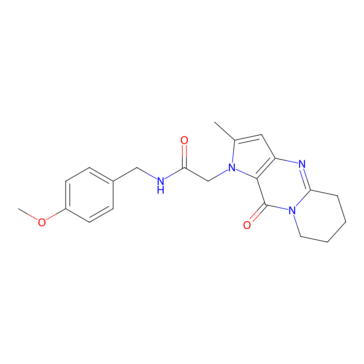 N-[(4-methoxyphenyl)methyl]-2-(5-methyl-2-oxo-1,4,8-triazatricyclo[7.4.0.03,7]trideca-3(7),5,8-trien-4-yl)acetamide molecular structure, CAS 1775517-31-1