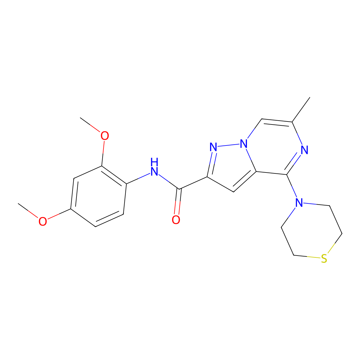 N-(2,4-dimethoxyphenyl)-6-methyl-4-(thiomorpholin-4-yl)pyrazolo[1,5-a]pyrazine-2-carboxamide molecular structure, CAS 1775525-19-3