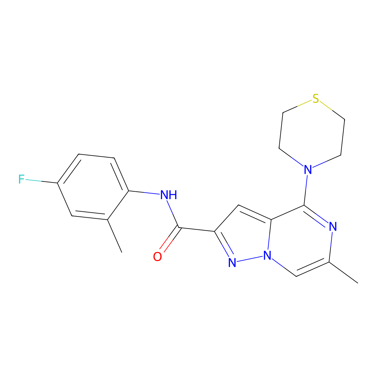 N-(4-fluoro-2-methylphenyl)-6-methyl-4-(thiomorpholin-4-yl)pyrazolo[1,5-a]pyrazine-2-carboxamide molecular structure, CAS 1775525-40-0