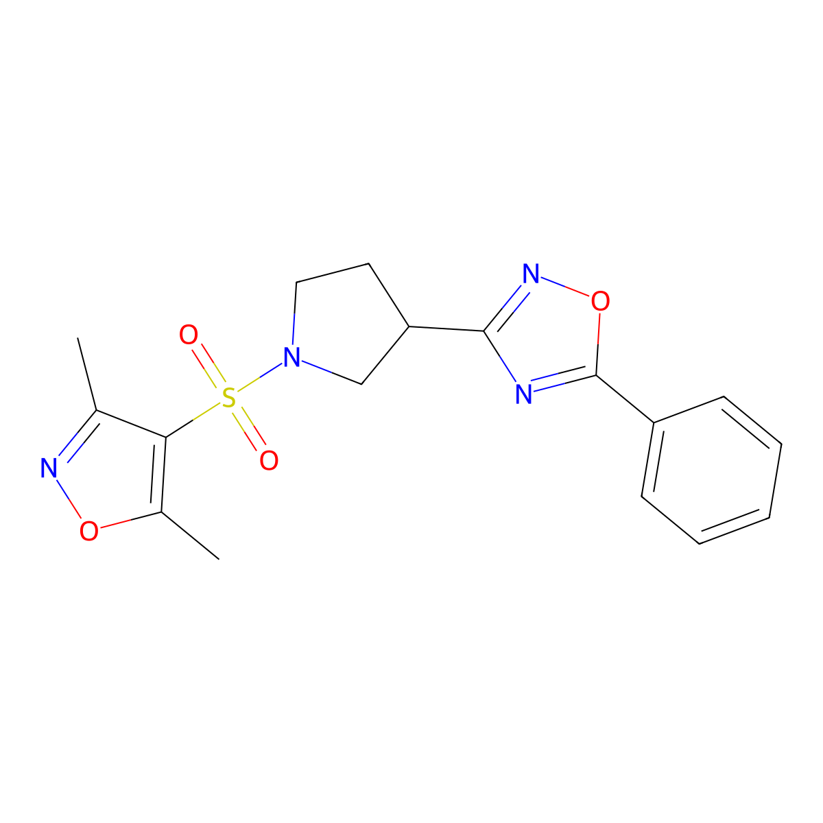 3-(1-((3,5-Dimethylisoxazol-4-yl)sulfonyl)pyrrolidin-3-yl)-5-phenyl-1,2,4-oxadiazole molecular structure, CAS 1775525-56-8