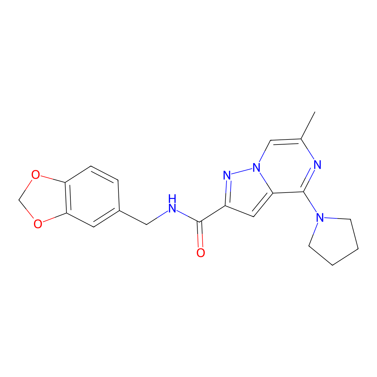 N-[(2H-1,3-benzodioxol-5-yl)methyl]-6-methyl-4-(pyrrolidin-1-yl)pyrazolo[1,5-a]pyrazine-2-carboxamide molecular structure, CAS 1775525-65-9