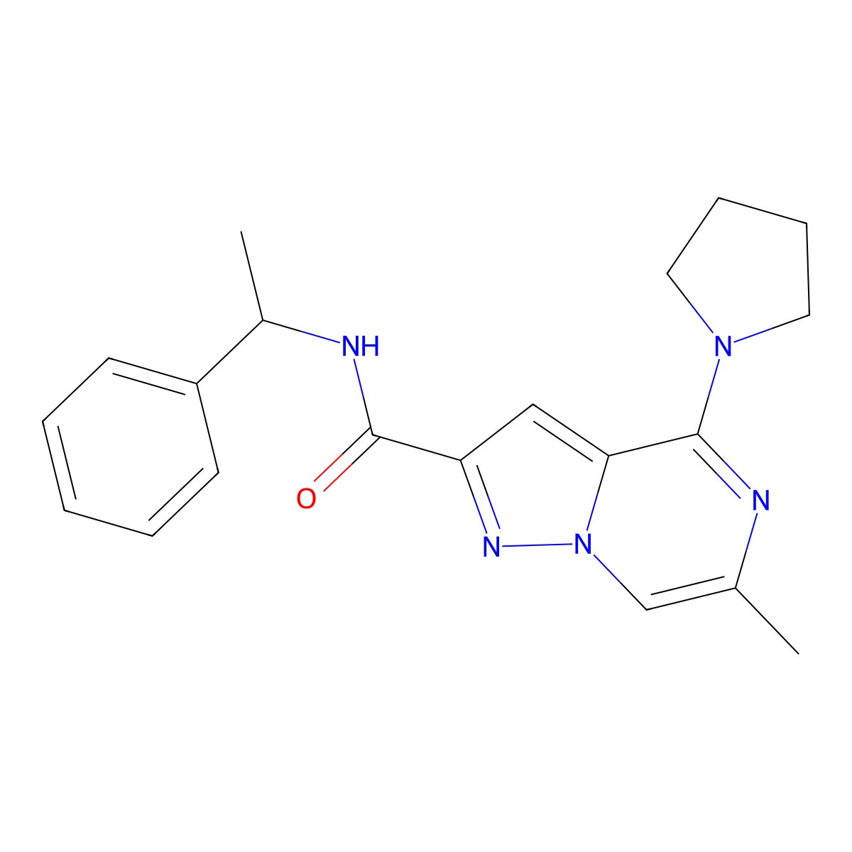 6-methyl-N-(1-phenylethyl)-4-(pyrrolidin-1-yl)pyrazolo[1,5-a]pyrazine-2-carboxamide molecular structure, CAS 1775525-82-0