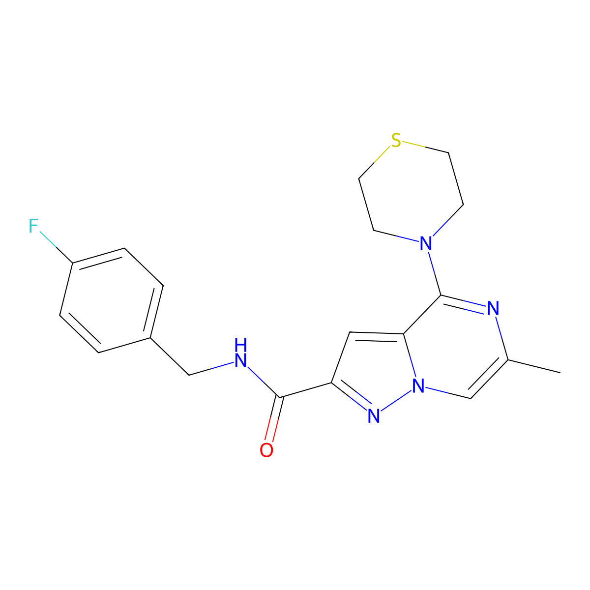 N-[(4-Fluorophenyl)methyl]-6-methyl-4-(thiomorpholin-4-YL)pyrazolo[1,5-A]pyrazine-2-carboxamide molecular structure, CAS 1775527-06-4