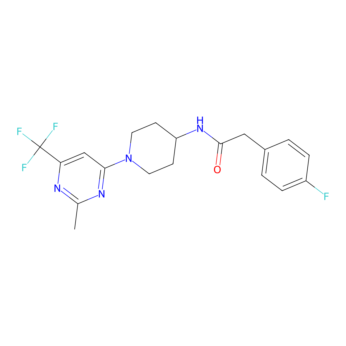 2-(4-fluorophenyl)-N-{1-[2-methyl-6-(trifluoromethyl)pyrimidin-4-yl]piperidin-4-yl}acetamide molecular structure, CAS 1775527-26-8