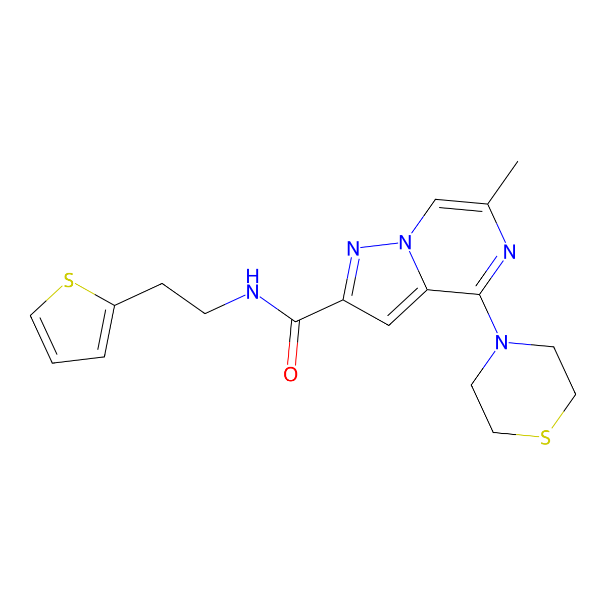 6-methyl-4-(thiomorpholin-4-yl)-N-[2-(thiophen-2-yl)ethyl]pyrazolo[1,5-a]pyrazine-2-carboxamide molecular structure, CAS 1775527-28-0