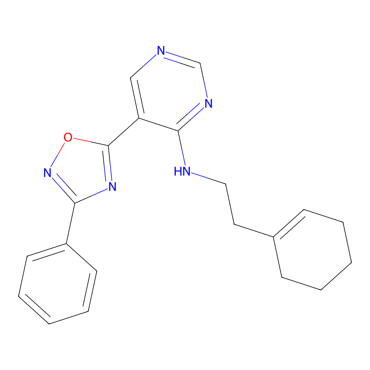 N-[2-(Cyclohex-1-EN-1-YL)ethyl]-5-(3-phenyl-1,2,4-oxadiazol-5-YL)pyrimidin-4-amine molecular structure, CAS 1775531-94-6