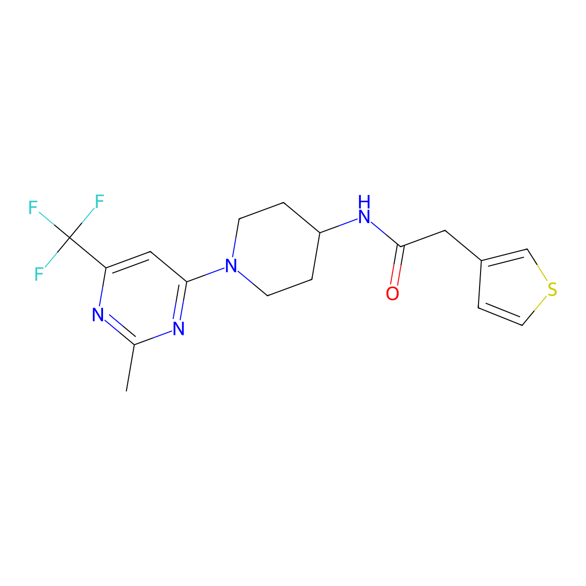 N-{1-[2-Methyl-6-(trifluoromethyl)pyrimidin-4-YL]piperidin-4-YL}-2-(thiophen-3-YL)acetamide molecular structure, CAS 1775537-84-2