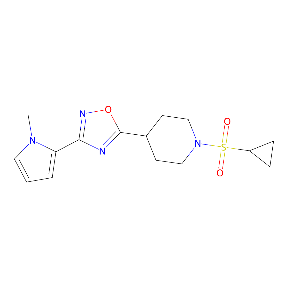 1-(Cyclopropanesulfonyl)-4-[3-(1-methyl-1H-pyrrol-2-YL)-1,2,4-oxadiazol-5-YL]piperidine molecular structure, CAS 1775538-54-9