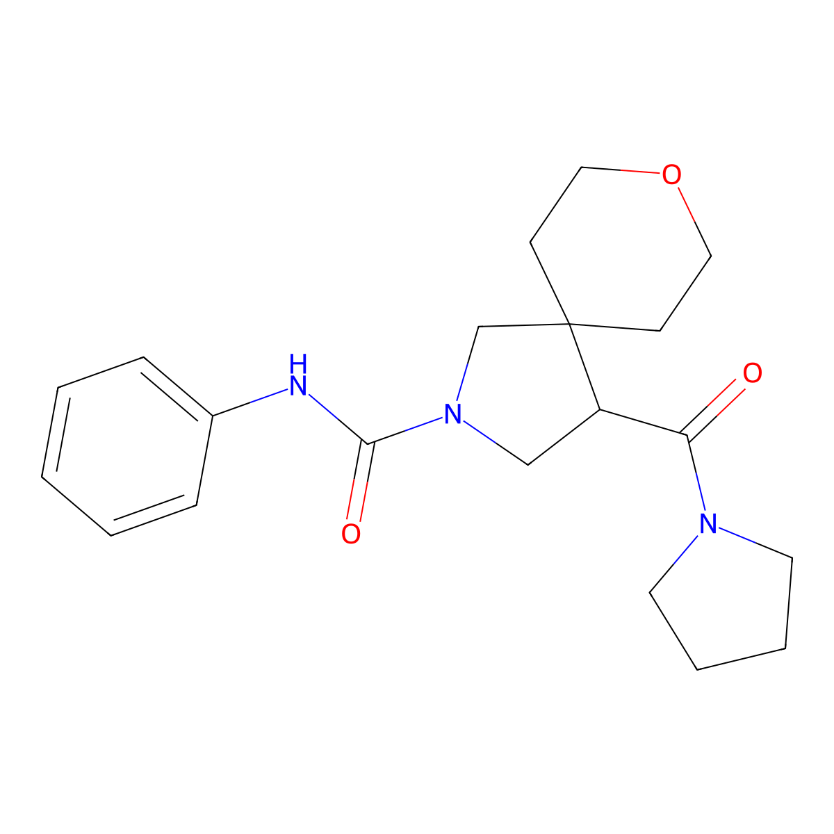 N-Phenyl-4-(pyrrolidine-1-carbonyl)-8-oxa-2-azaspiro[4.5]decane-2-carboxamide molecular structure, CAS 1775539-22-4
