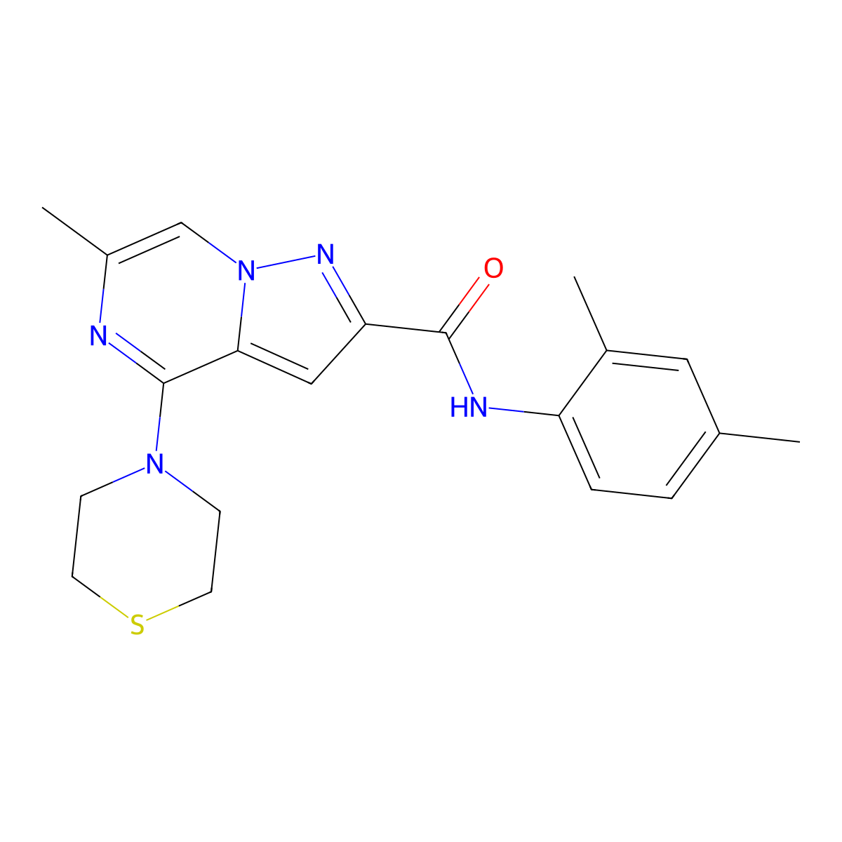 N-(2,4-dimethylphenyl)-6-methyl-4-(thiomorpholin-4-yl)pyrazolo[1,5-a]pyrazine-2-carboxamide molecular structure, CAS 1775542-62-5