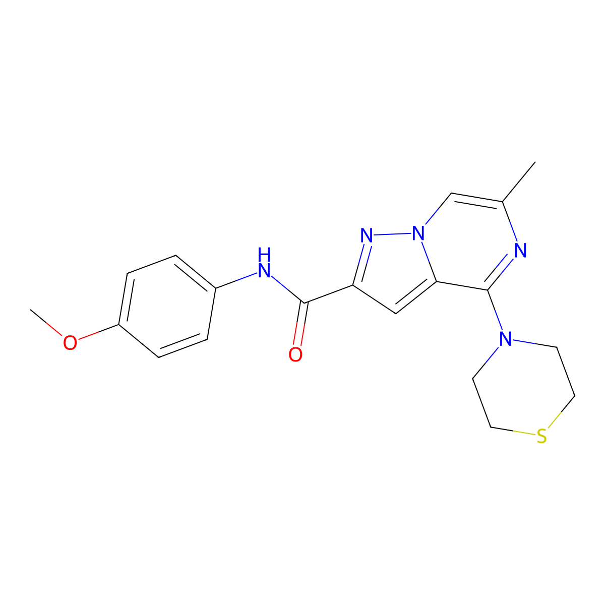 N-(4-methoxyphenyl)-6-methyl-4-(thiomorpholin-4-yl)pyrazolo[1,5-a]pyrazine-2-carboxamide molecular structure, CAS 1775542-68-1
