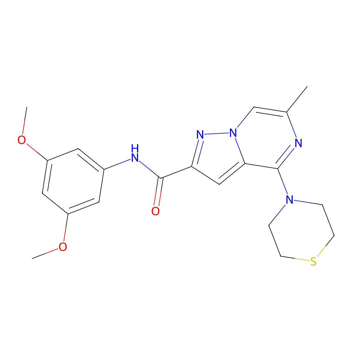 N-(3,5-dimethoxyphenyl)-6-methyl-4-(thiomorpholin-4-yl)pyrazolo[1,5-a]pyrazine-2-carboxamide molecular structure, CAS 1775542-75-0