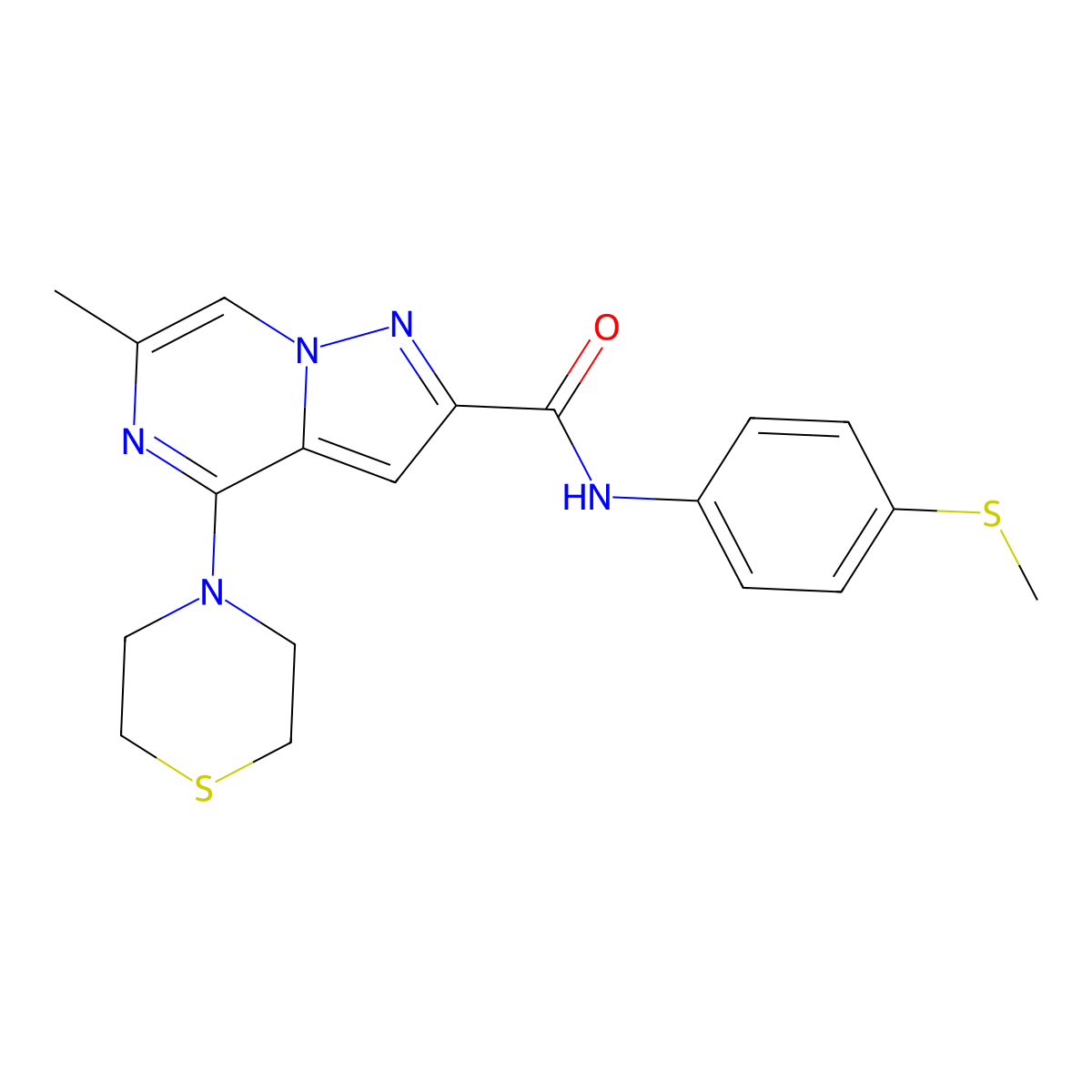 6-methyl-N-[4-(methylsulfanyl)phenyl]-4-(thiomorpholin-4-yl)pyrazolo[1,5-a]pyrazine-2-carboxamide molecular structure, CAS 1775543-00-4