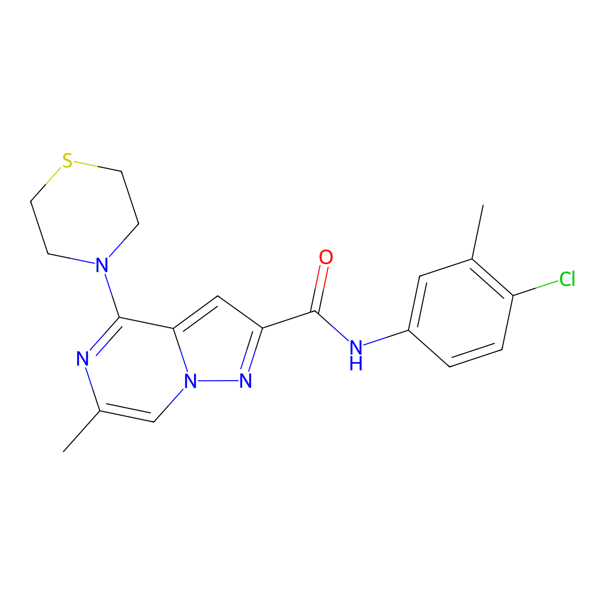 N-(4-chloro-3-methylphenyl)-6-methyl-4-(thiomorpholin-4-yl)pyrazolo[1,5-a]pyrazine-2-carboxamide molecular structure, CAS 1775543-07-1