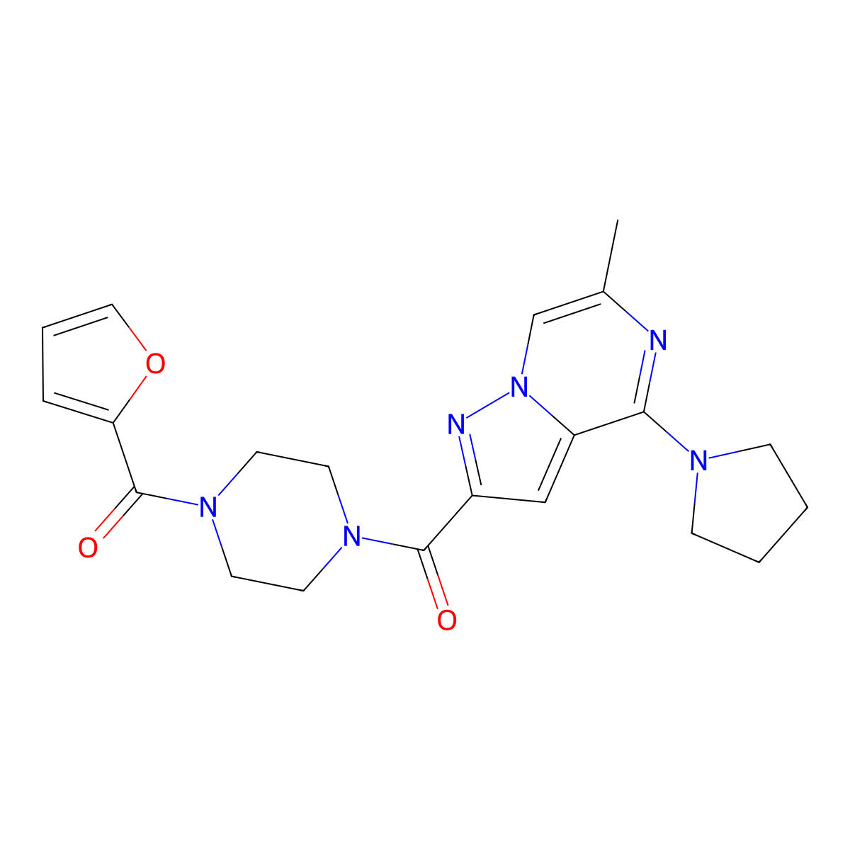 1-(Furan-2-carbonyl)-4-[6-methyl-4-(pyrrolidin-1-yl)pyrazolo[1,5-a]pyrazine-2-carbonyl]piperazine molecular structure, CAS 1775543-74-2
