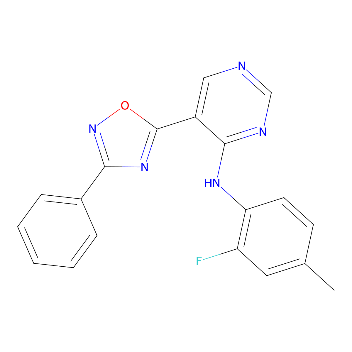 N-(2-fluoro-4-methylphenyl)-5-(3-phenyl-1,2,4-oxadiazol-5-yl)pyrimidin-4-amine molecular structure, CAS 1775544-57-4