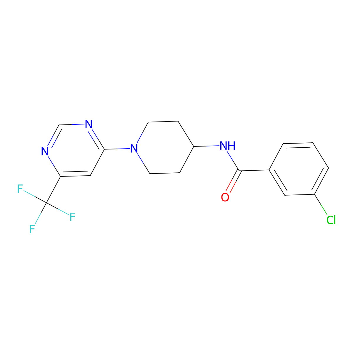 3-chloro-N-{1-[6-(trifluoromethyl)pyrimidin-4-yl]piperidin-4-yl}benzamide molecular structure, CAS 1775545-64-6