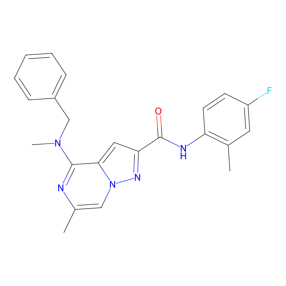 4-[benzyl(methyl)amino]-N-(4-fluoro-2-methylphenyl)-6-methylpyrazolo[1,5-a]pyrazine-2-carboxamide molecular structure, CAS 1775545-76-0