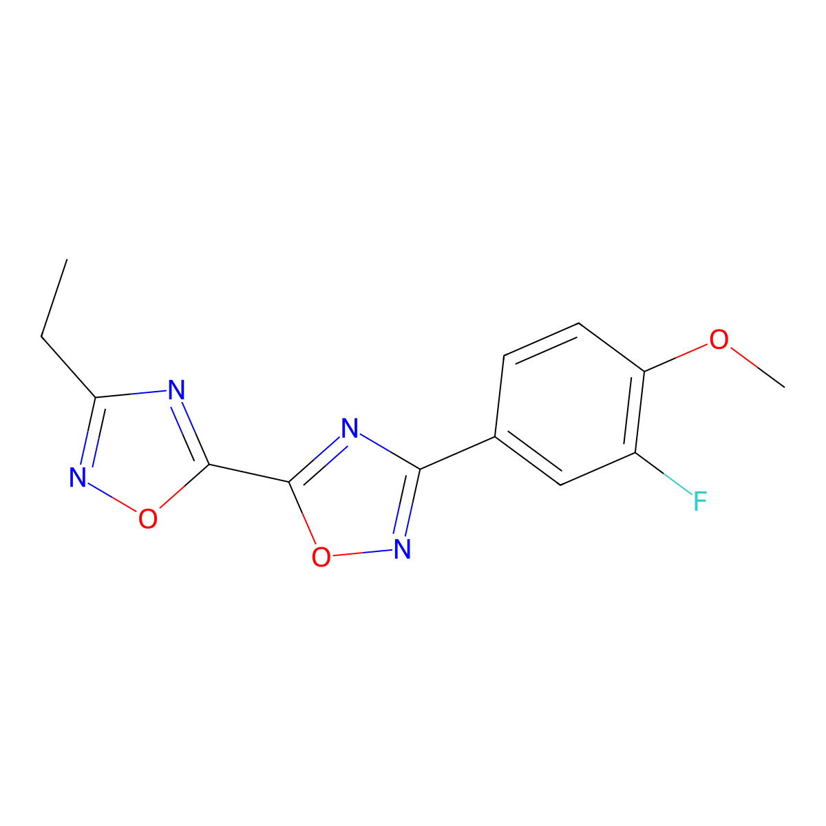 3-Ethyl-3'-(3-fluoro-4-methoxyphenyl)-5,5'-bi-1,2,4-oxadiazole molecular structure, CAS 1775551-98-8