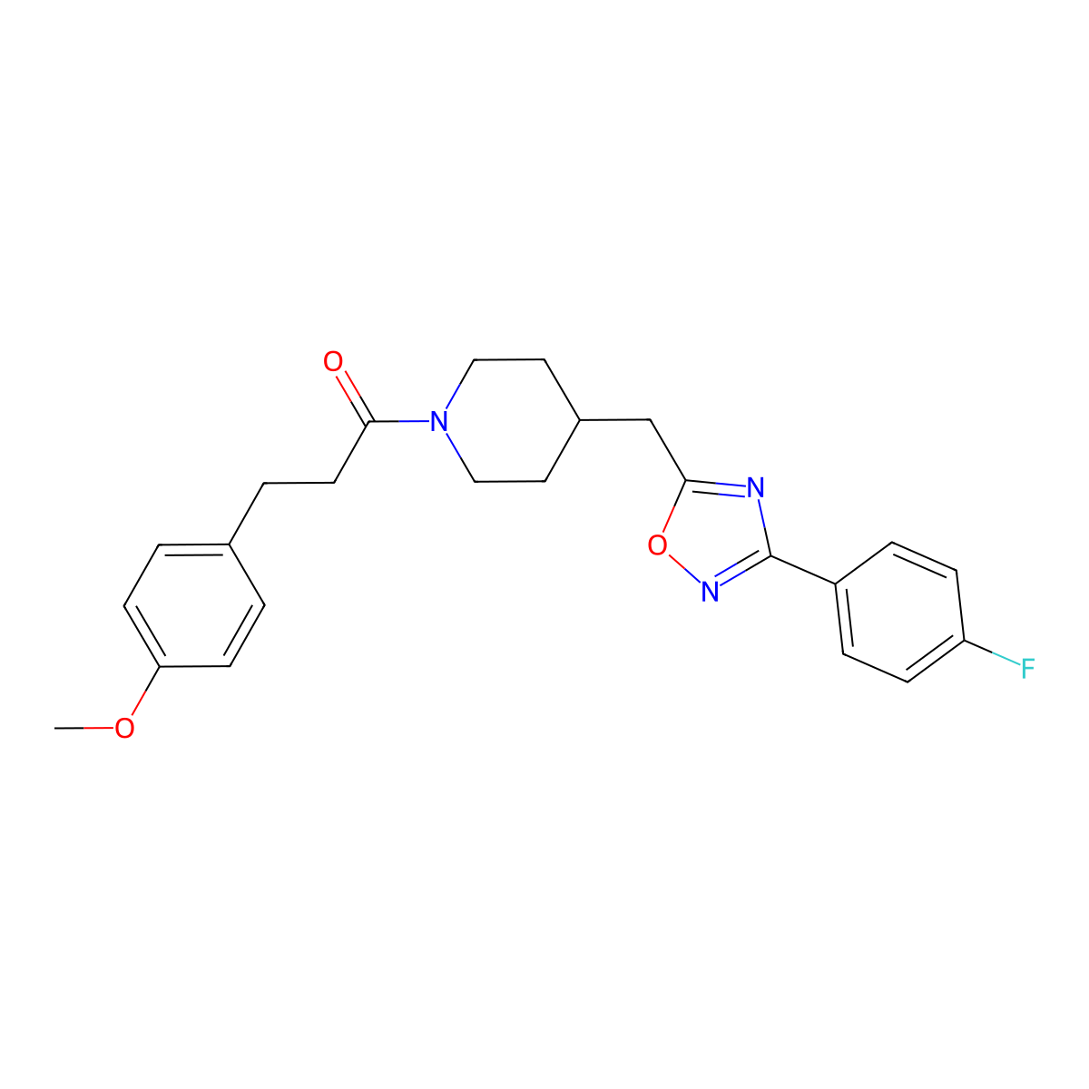4-{[3-(4-Fluorophenyl)-1,2,4-oxadiazol-5-yl]methyl}-1-[3-(4-methoxyphenyl)propanoyl]piperidine molecular structure, CAS 1775552-76-5