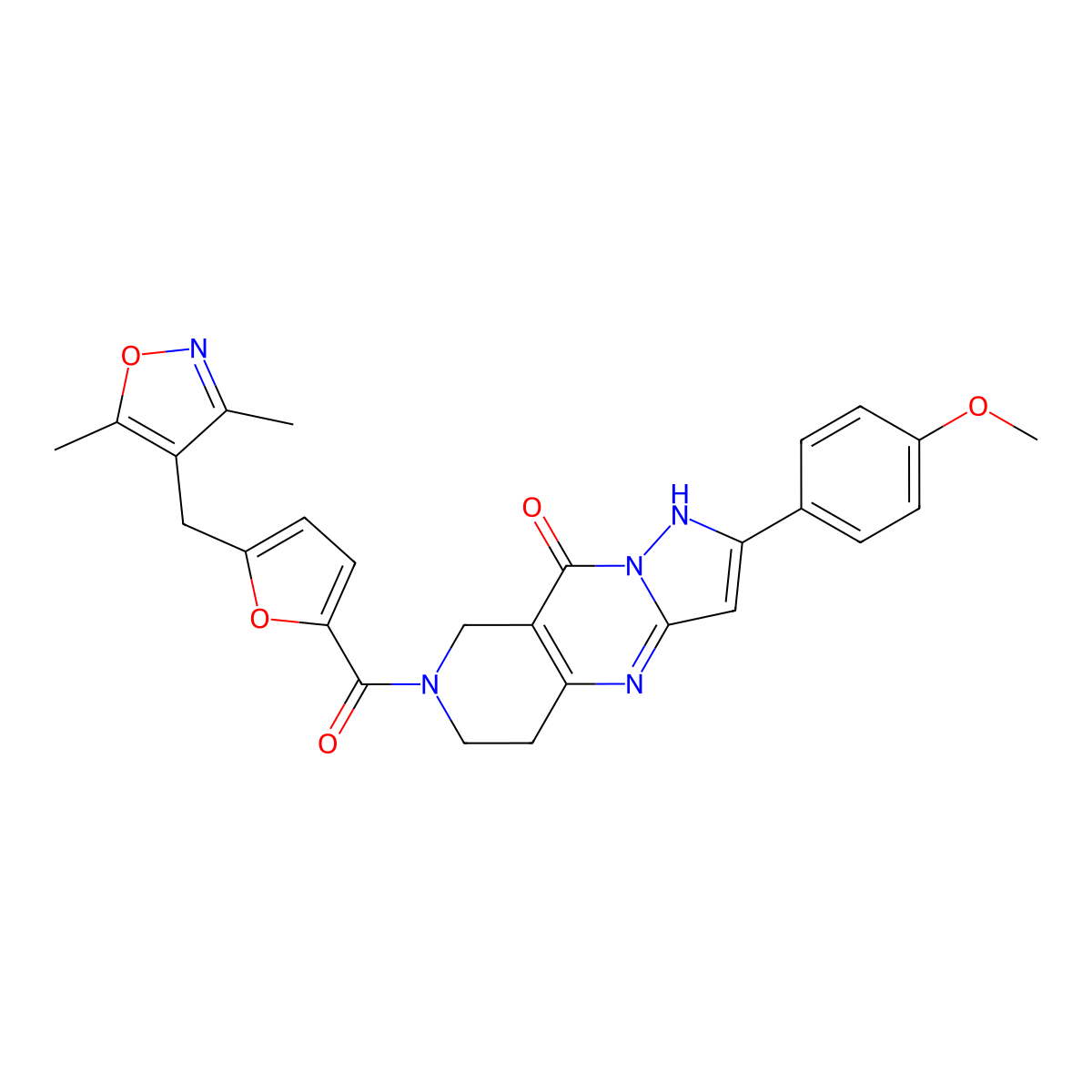 7-({5-[(3,5-dimethyl-4-isoxazolyl)methyl]-2-furyl}carbonyl)-2-(4-methoxyphenyl)-5,6,7,8-tetrahydropyrazolo[1,5-a]pyrido[4,3-d]pyrimidin-9(1H)-one molecular structure, CAS 1775554-65-8