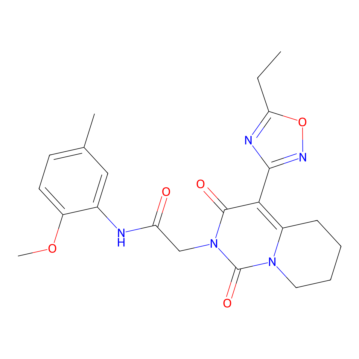 2-[4-(5-ethyl-1,2,4-oxadiazol-3-yl)-1,3-dioxo-5,6,7,8-tetrahydro-1H-pyrido[1,2-c]pyrimidin-2(3H)-yl]-N-(2-methoxy-5-methylphenyl)acetamide molecular structure, CAS 1775554-74-9