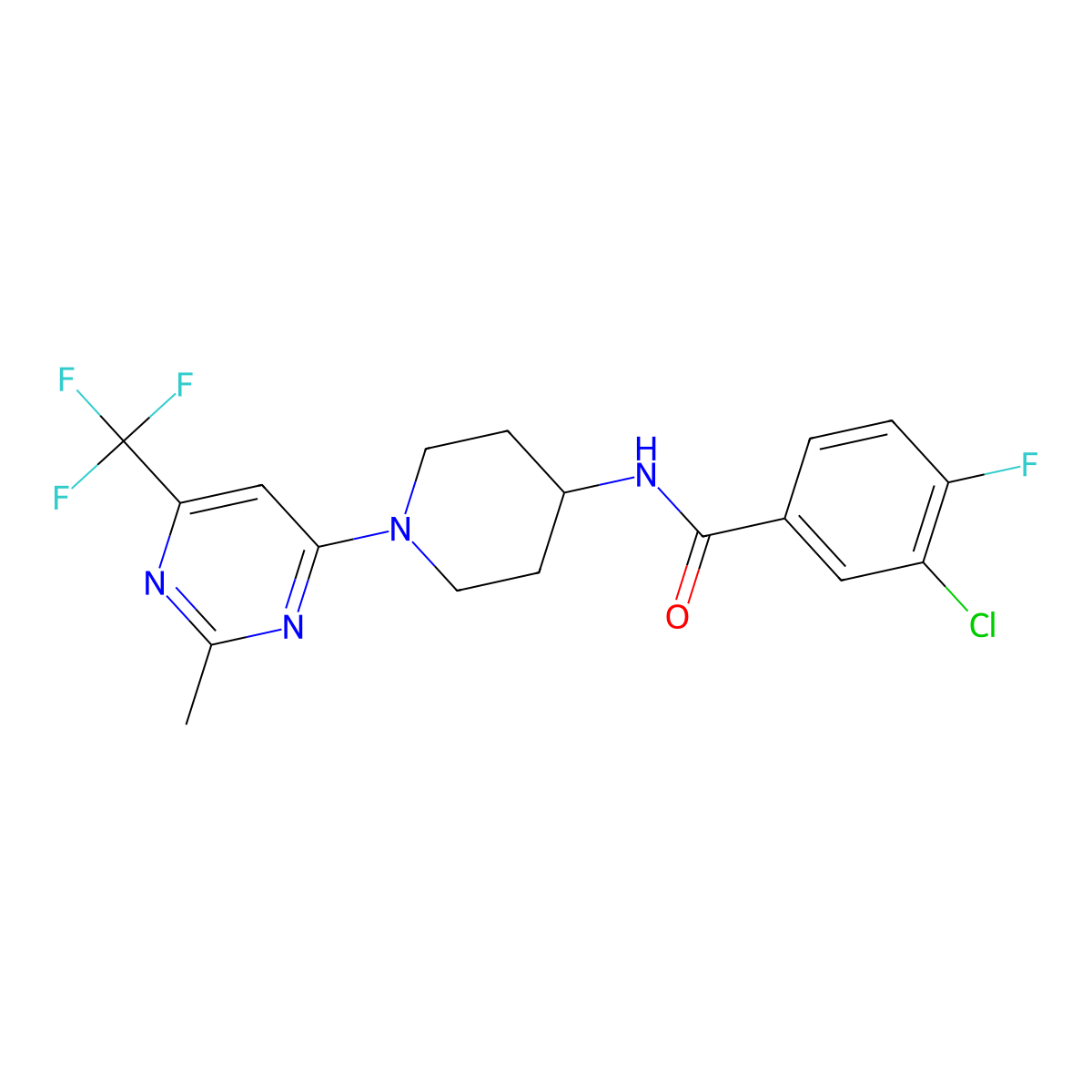3-chloro-4-fluoro-N-{1-[2-methyl-6-(trifluoromethyl)pyrimidin-4-yl]piperidin-4-yl}benzamide molecular structure, CAS 1775557-20-4