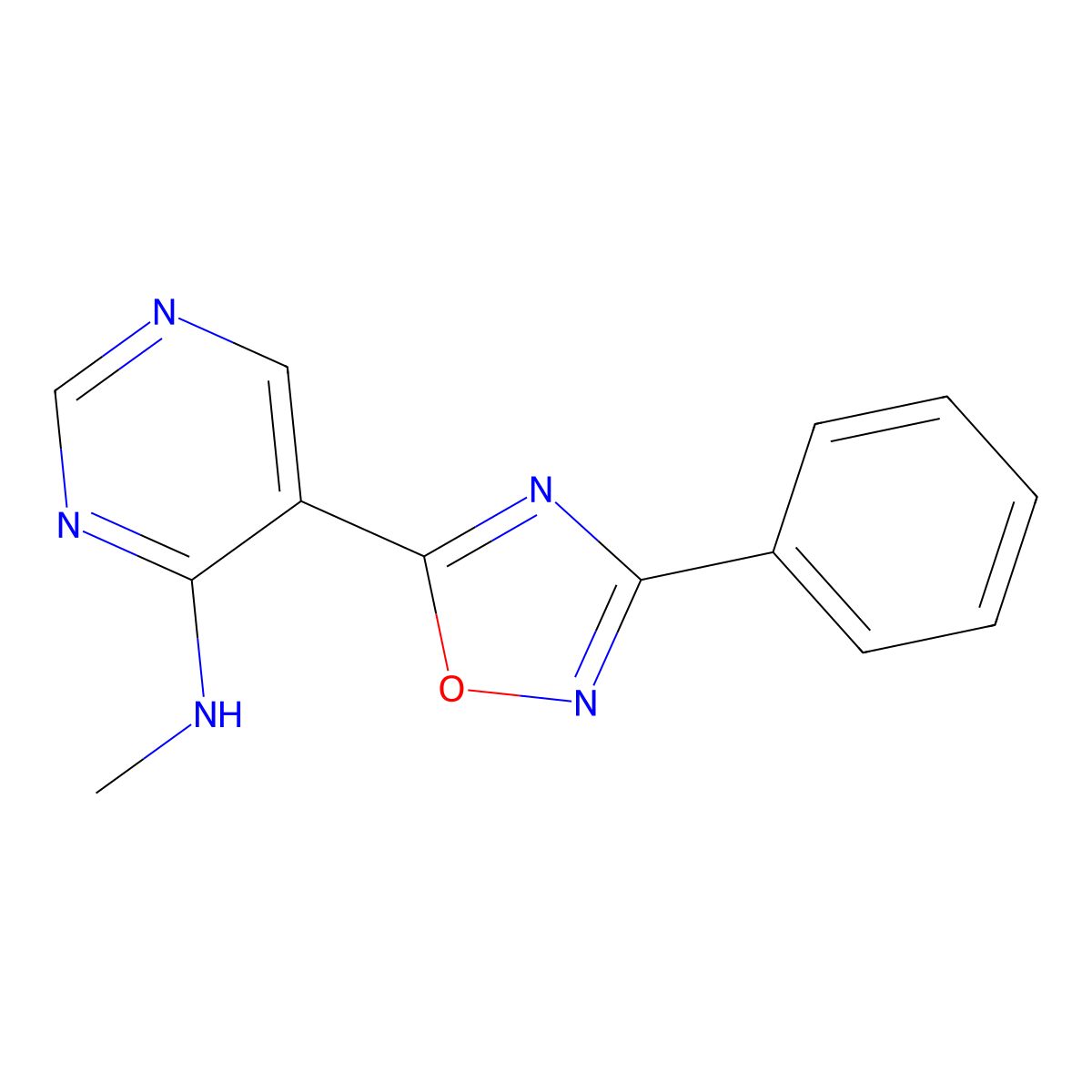 N-methyl-5-(3-phenyl-1,2,4-oxadiazol-5-yl)pyrimidin-4-amine molecular structure, CAS 1775557-55-5